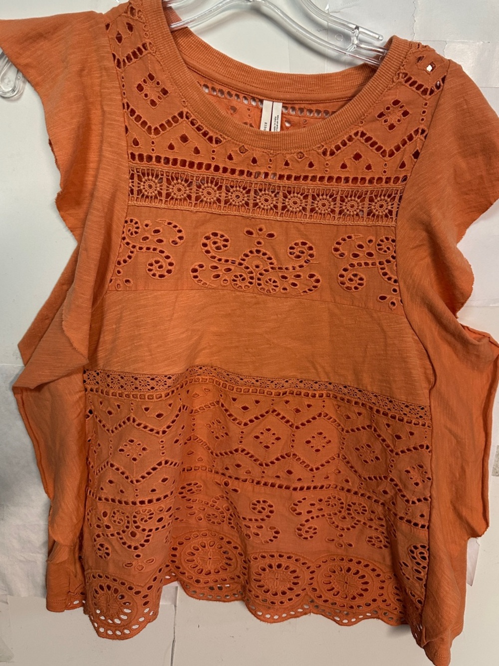 Anthropologie Rust Orange Eyelet Flutter-Sleeve Top size M